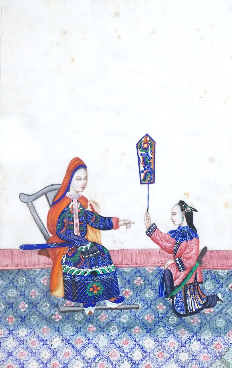 Chinese School, Emperor and assistant, pith paper painting, 32 x 20cm